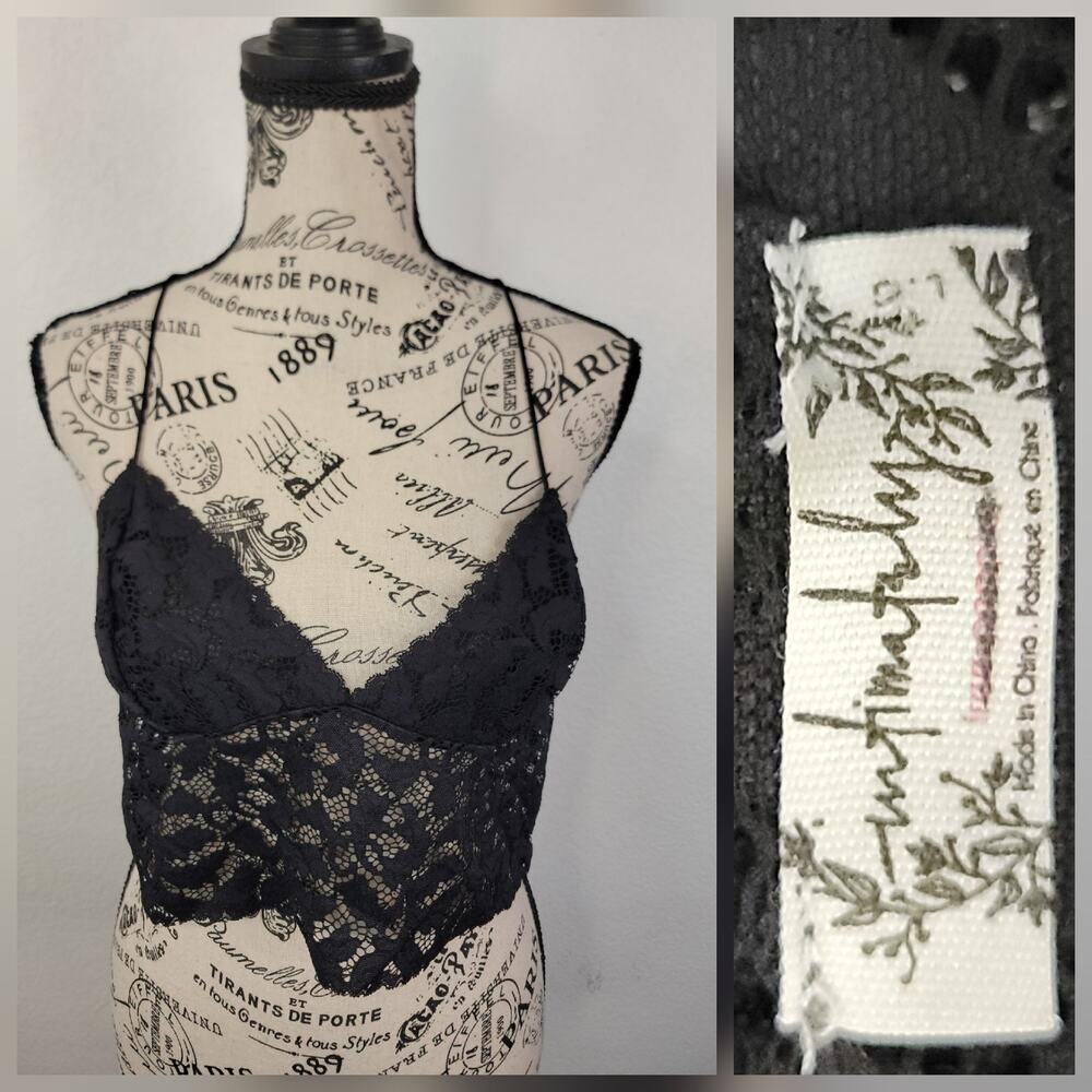 Free People Sheer Lace Floral Cami Tank Top SZ Large Cropped Black Layering